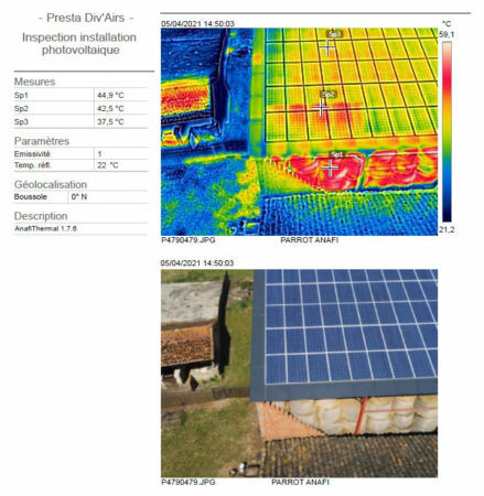 Exemple de thermographie aérienne réalisée par drone sur des panneaux photovoltaïques en toiture