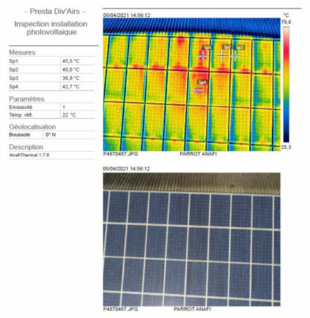 Exemple de thermographie aérienne réalisée par drone sur des panneaux photovoltaïques en toiture